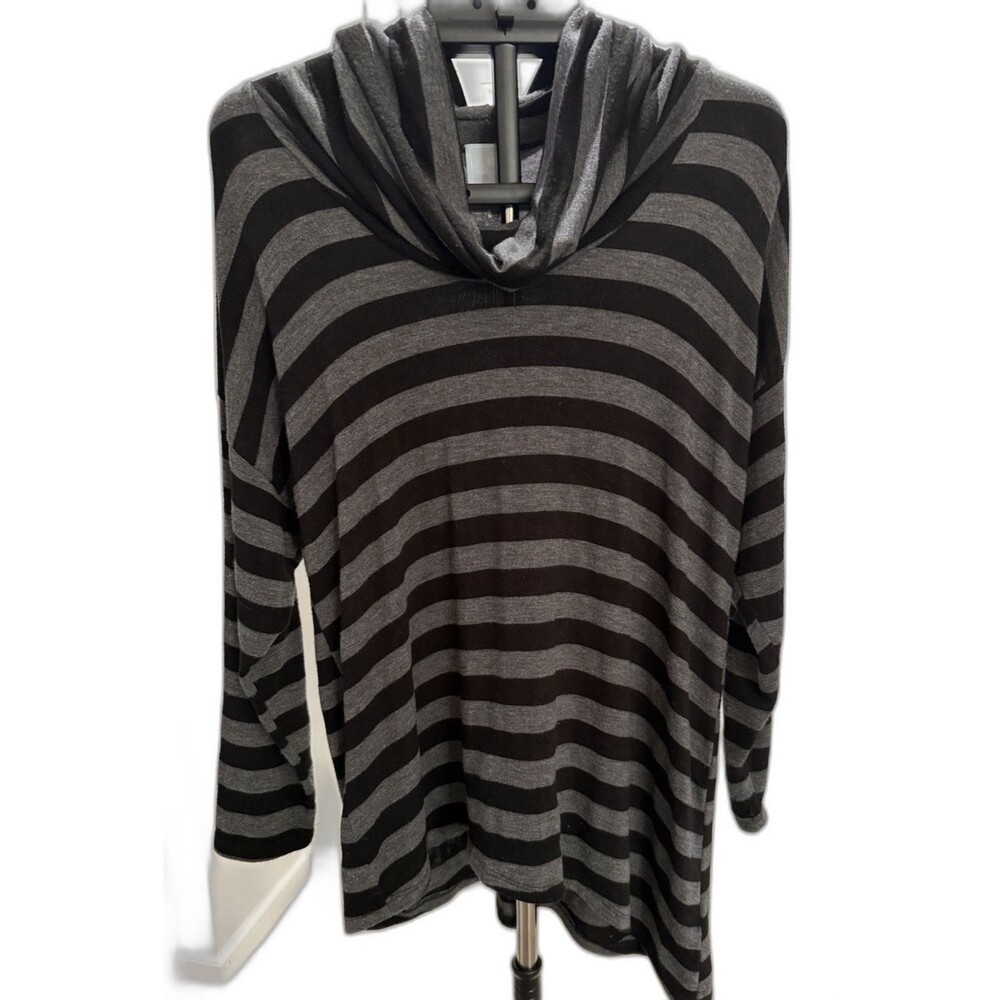 Sunday Cozy Charcoal & Black Striped Cowl Neck Tunic Sweater - Plus Size 1X